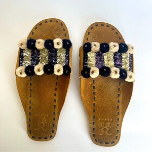 Figue Women’s Slide Sandals 8 Suede Pompoms Sequins Italy Very Unique High End